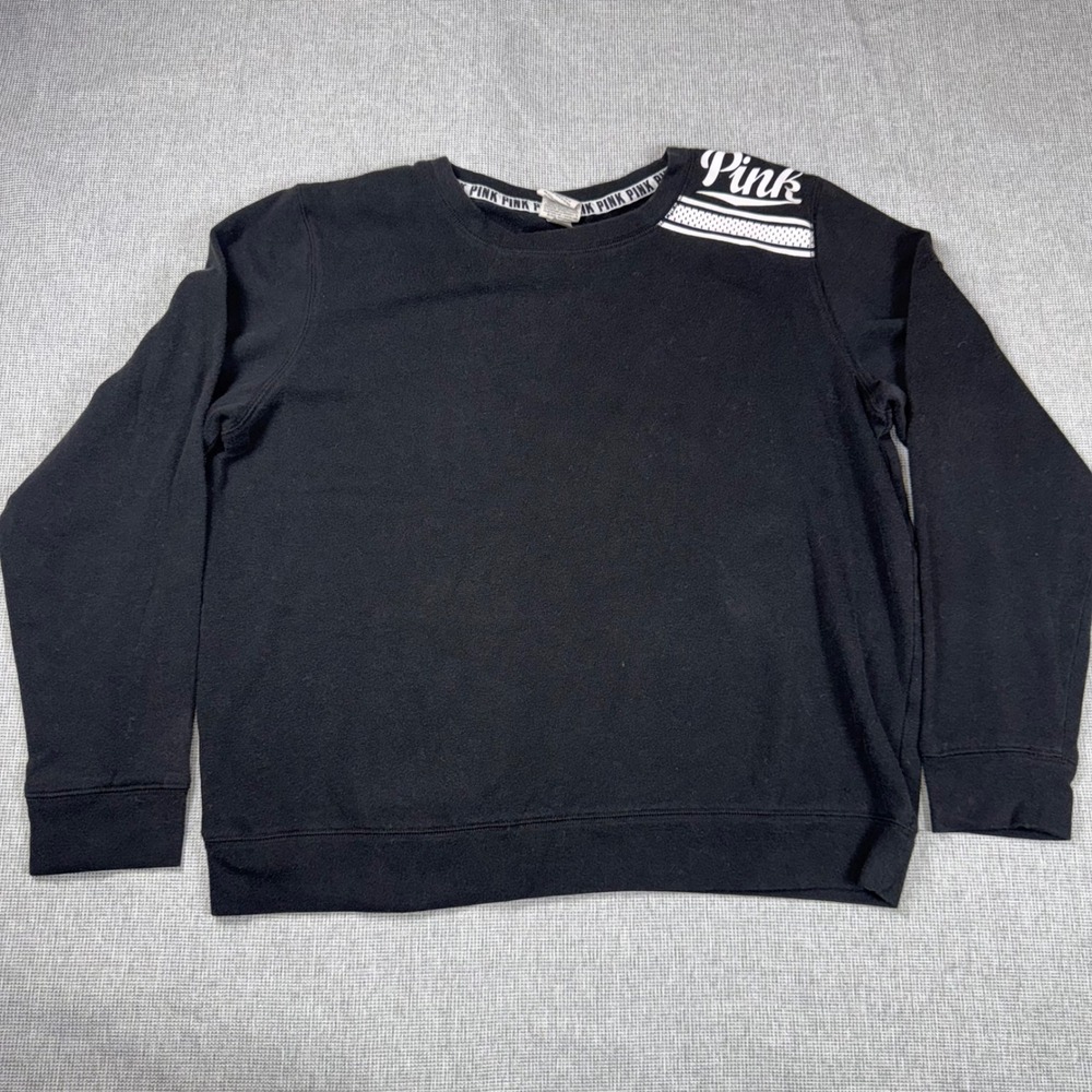 Y2K PINK Victoria's Secret Black Crewneck Sweatshirt Shoulder Logo Graphic Med